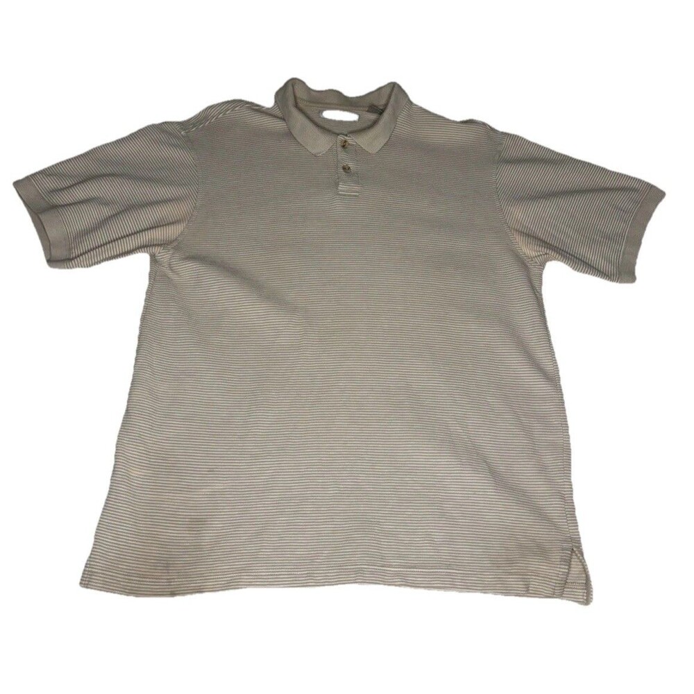 Geoffrey Beene Polo Shirt Mens Large Beige Stripe Cotton‎ Rayon Short Sleeve